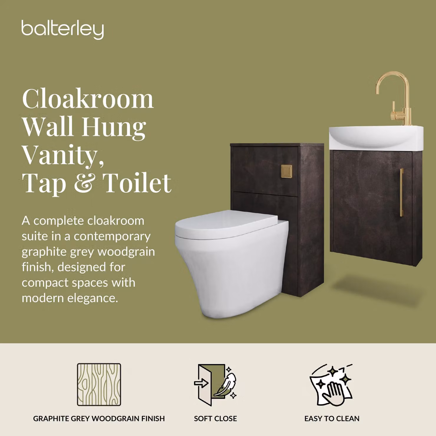 Balterley Left Hand Cloakroom Suite with Vanity, WC, Toilet and Tap Set in Grey with Slate Brass Finishes, Width: 44 cm – 2