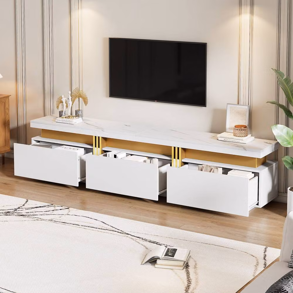 Merax Modern White and Gold TV Stand with Media Compartments, W: 200 cm, D: 40 cm, H: 42 cm – 2