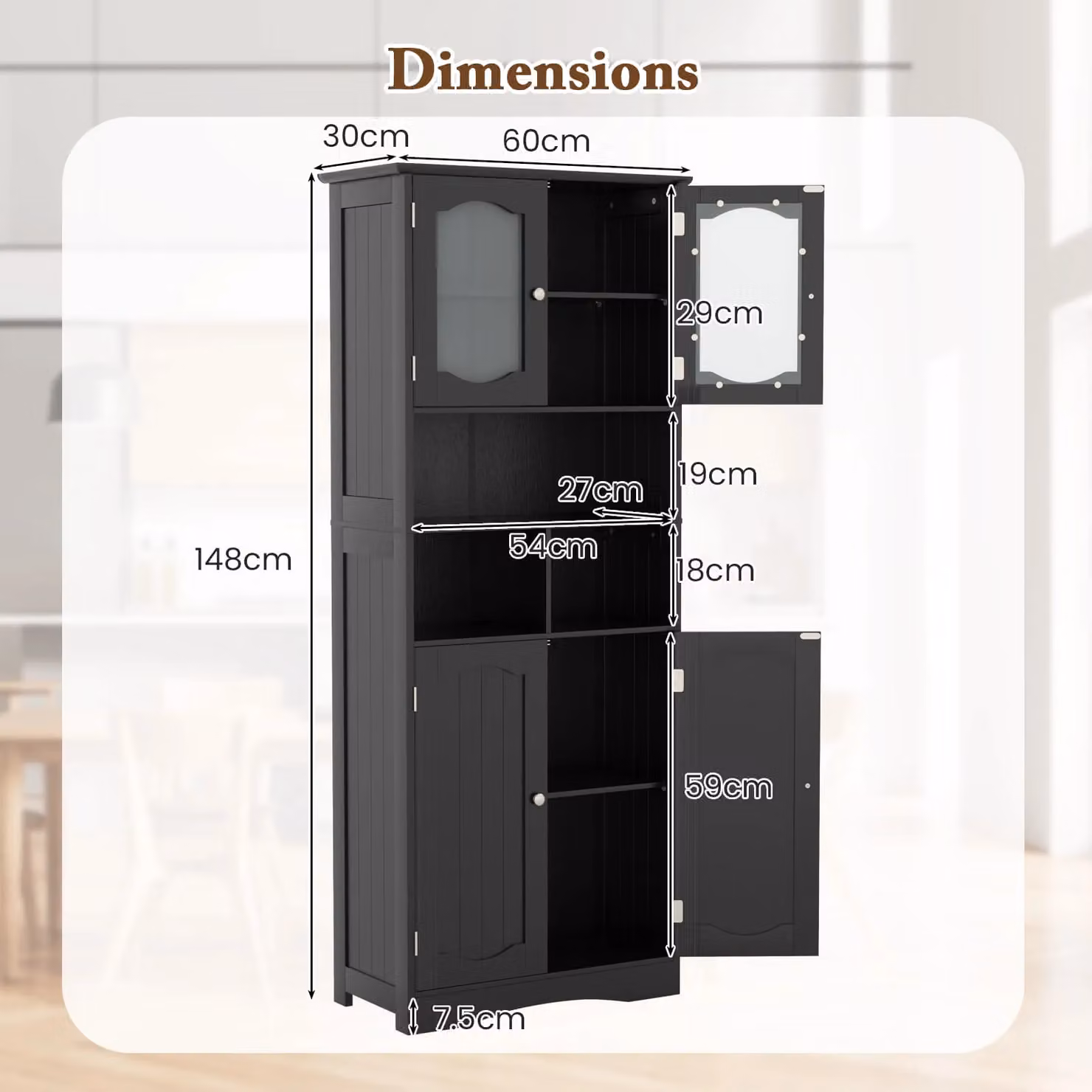 Gymax Freestanding Tall Bathroom Cabinet with Glass Doors and Adjustable Shelves in Matt Black – 2