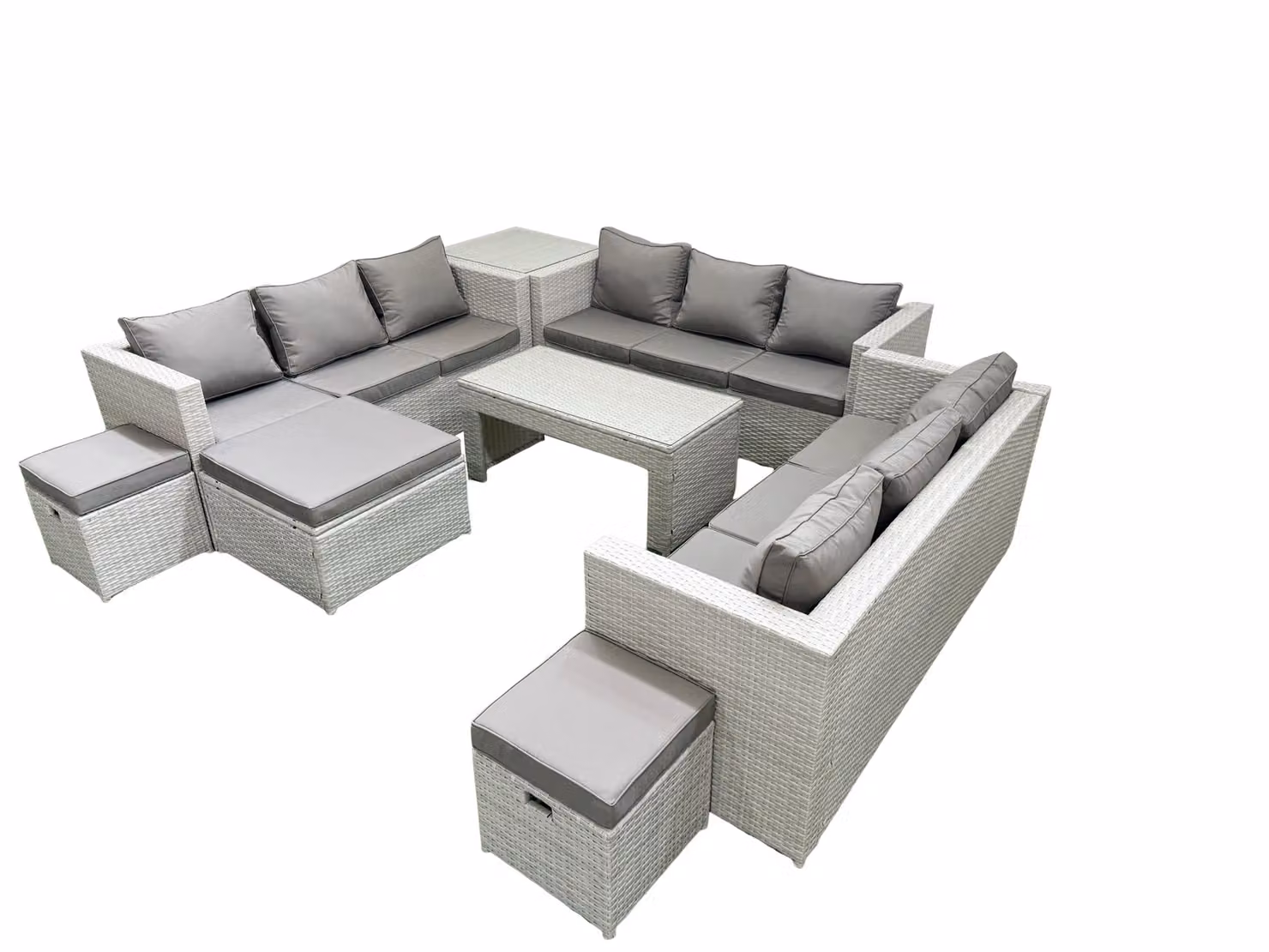 Fimous 12 Seater Rattan Garden Furniture Set with Oblong Coffee Table, 3 Footstools and Side Table in Light Grey – 2
