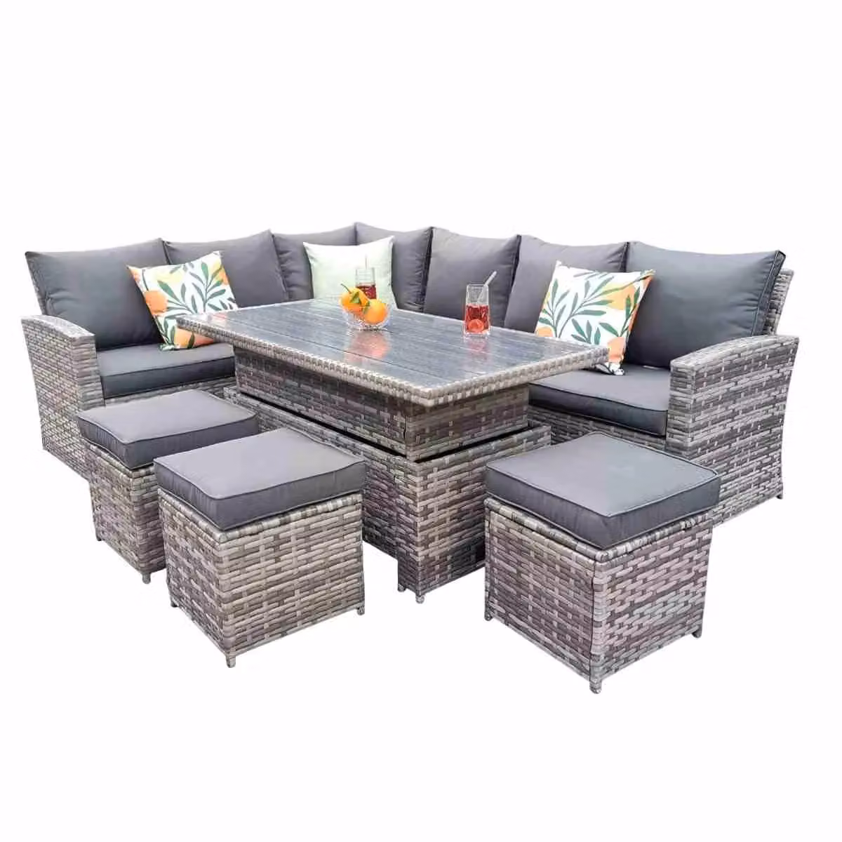 Furniture Maxi Rosen 9 Seater Rattan Garden Dining Set with Lift-Up Table and 3 Stools in Grey – 2