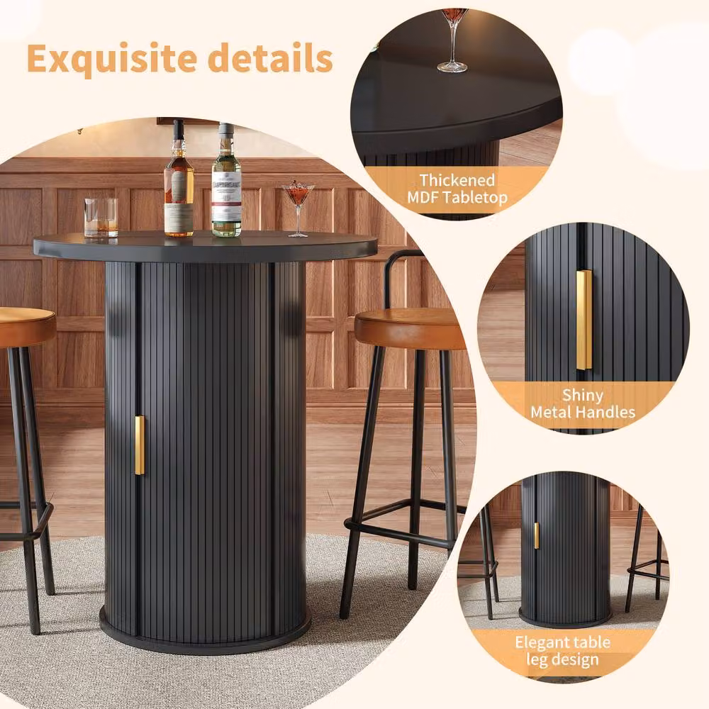 Merax Modern Round Bar Table with Built-In Storage Cabinet in Black, W/D/H: 60 x 60 x 91.6 cm – 4
