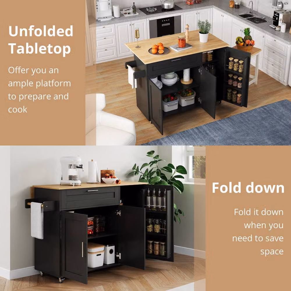Merax Black Kitchen Island Trolley with Foldable Worktop and Rolling Metal and Wood Design – 6