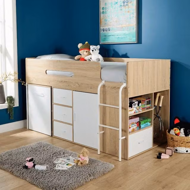 Home Source Kids Single Cabin Loft Bed with Integrated Storage and Hidden Desk in White – 1
