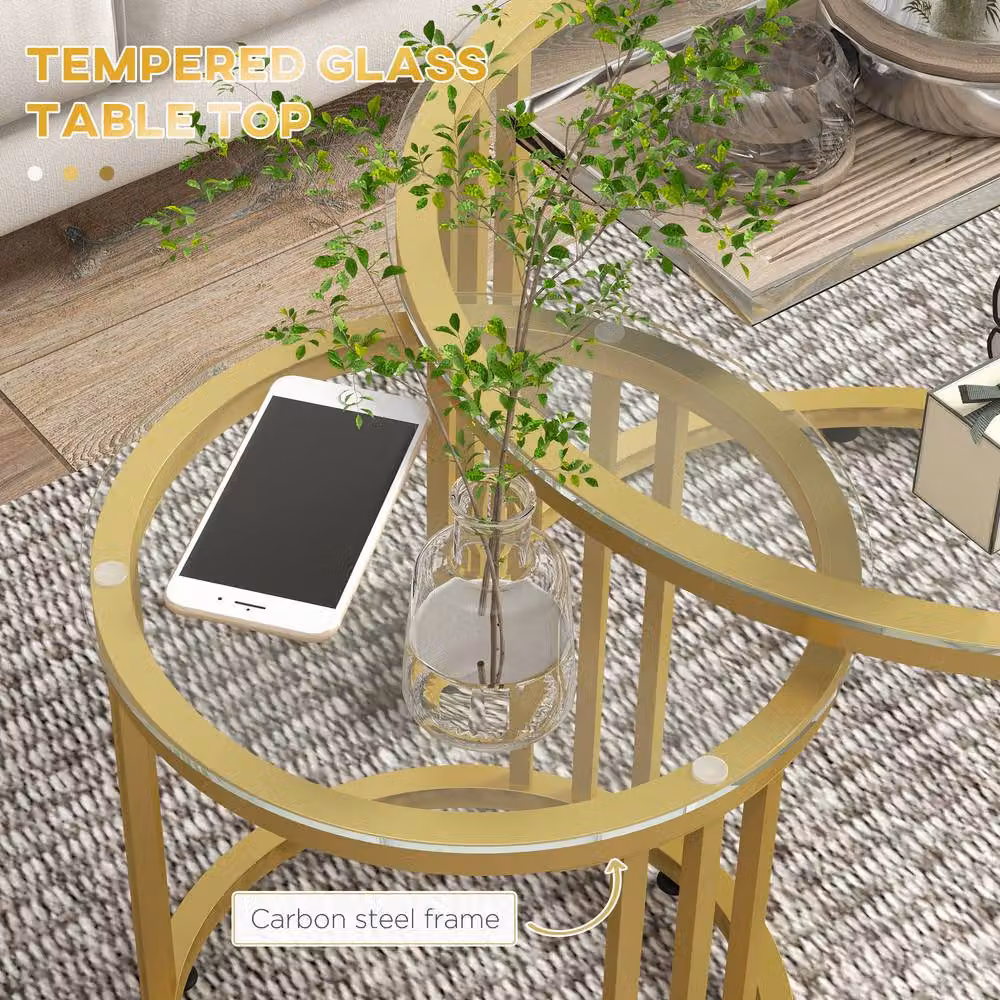 STILVORA Set of 2 Art Deco Nesting Coffee Tables with Gold Metal Sled Base and Round Glass Tops – 2