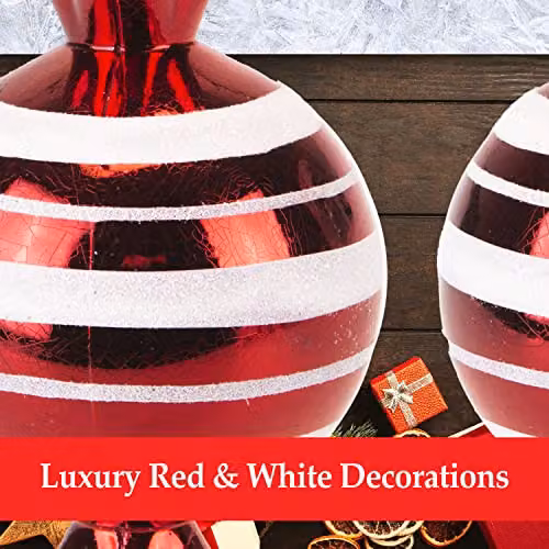 VFM e-Store Red and White Striped Glass Baubles, 3 Pack, Diameter: 14 cm – 5