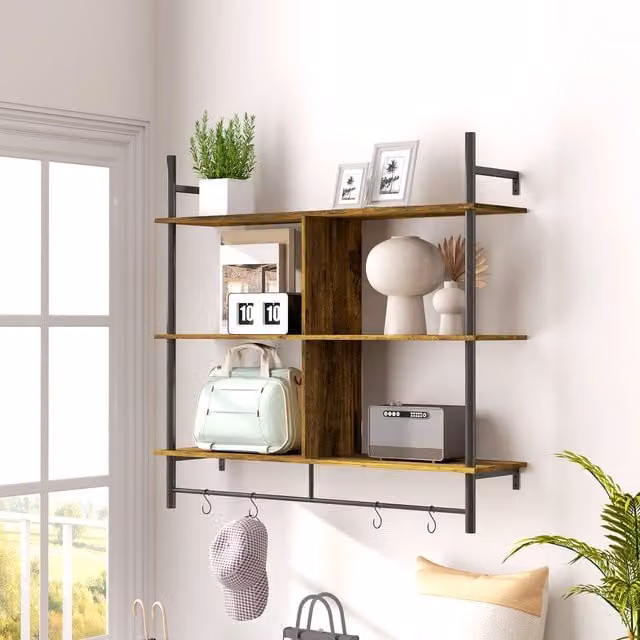 HOMCOM Wall Mounted Floating Shelves with 4 Hooks in Rustic Brown