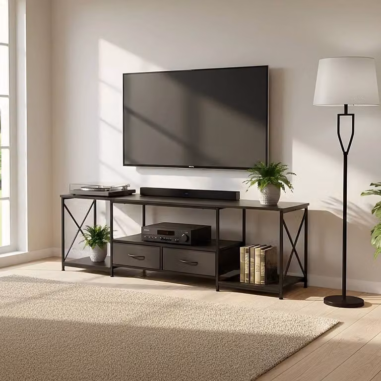 FORGEVIO Black TV Stand Cabinet with 2 Drawers, W/D/H: 160 x 40 x 53 cm