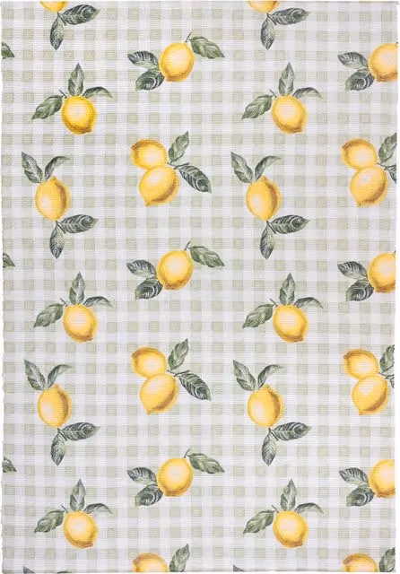 Fruits Lemons Striped Washable Indoor-Outdoor Rug in Sage Green and Yellow