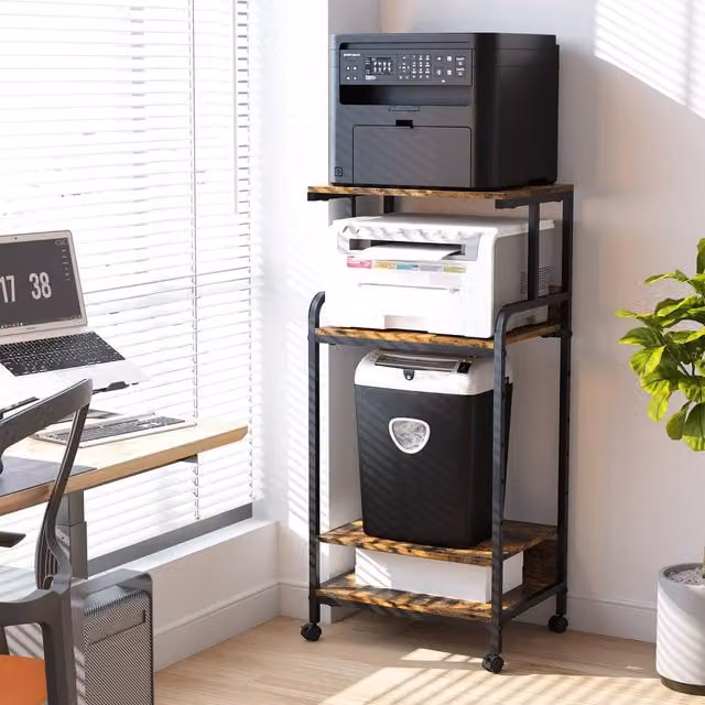 Huhote 4-Tier Printer Stand with Adjustable Storage Shelves and Locking Wheels, Brown