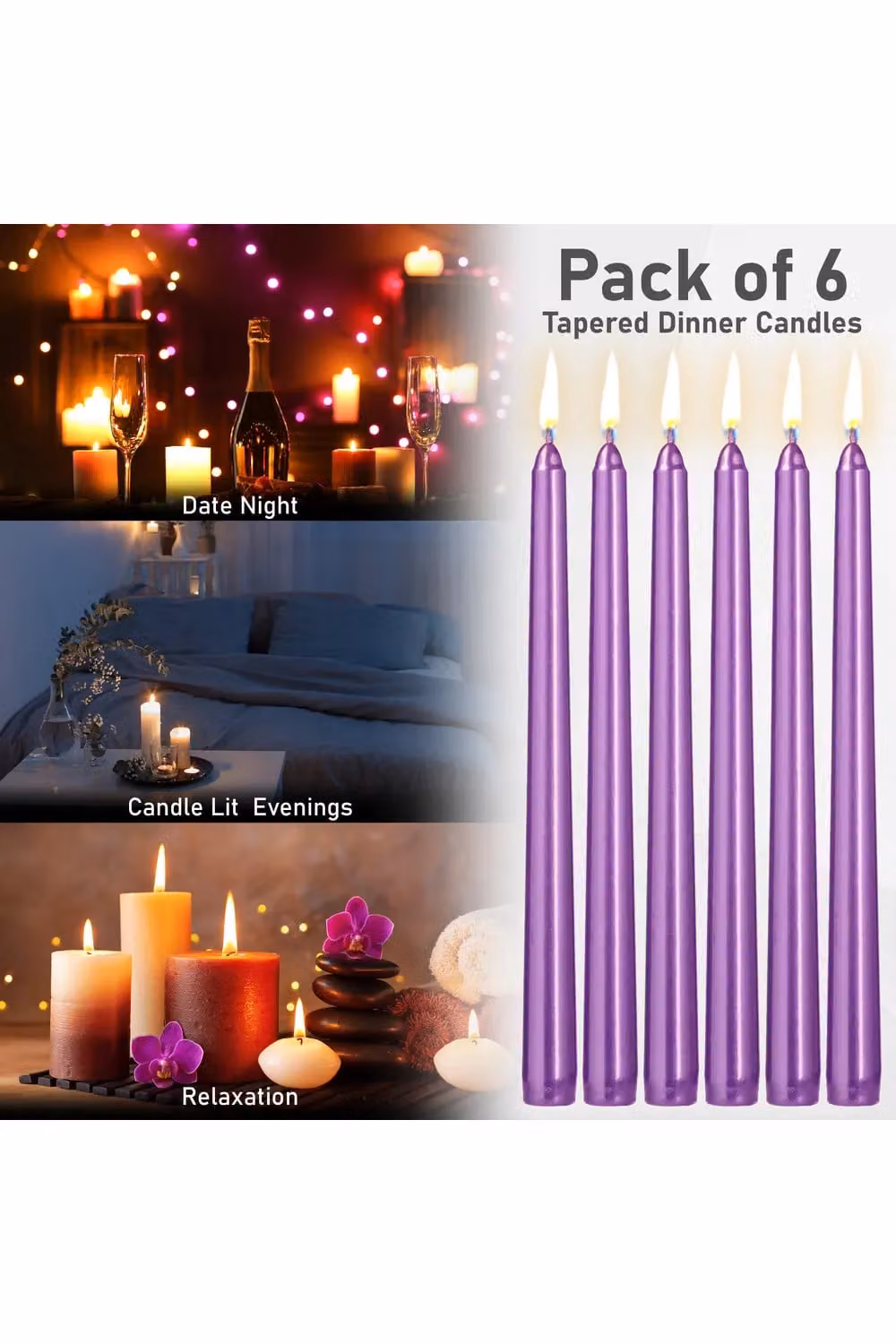 Deco Express Set of 6 Classic Unscented Dripless Tapered Metallic Purple Dinner Candles – 10
