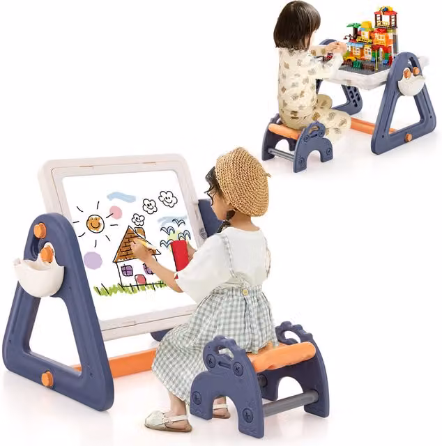 Costway 2-in-1 Kids Art Table Easel in Blue and Gold