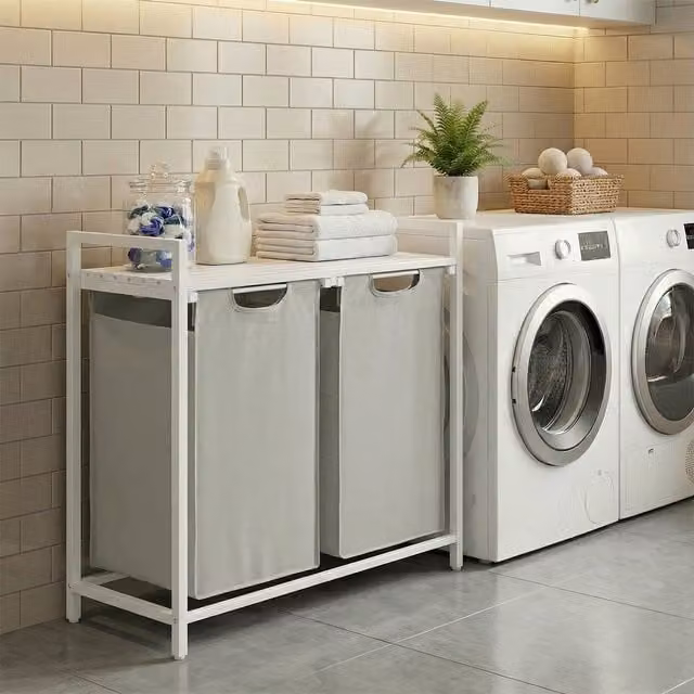 VASAGLE Laundry Basket with 2 Compartments and 2 Removable Liners, White