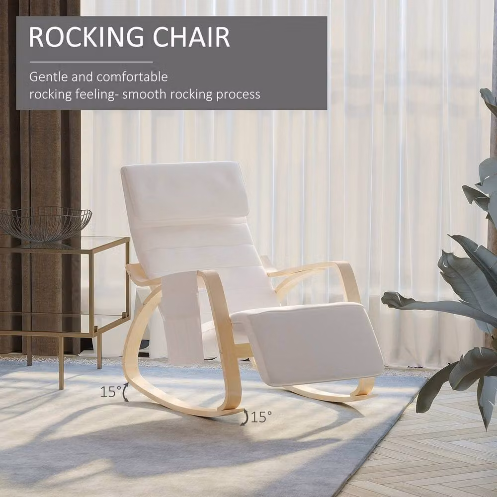 NESTLUNE Scandinavian Rocking Chair Recliner Armchair with Adjustable Footrest in Beige Fabric and Birch Wood Frame – 2