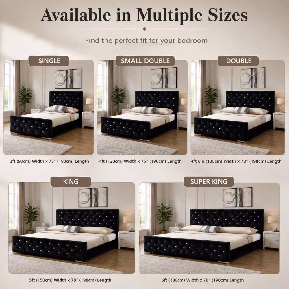 Stratus Interiors Florida Diamond Pattern Upholstered Plush Velvet Gas Lift Storage Bed in Black, W/D/H: 140 x 200 cm – 3