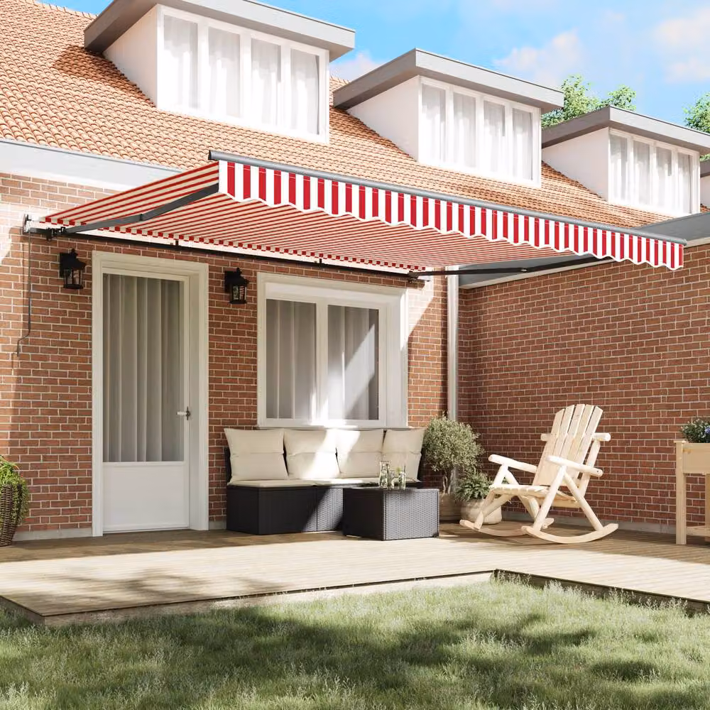 Berkfield Home Manual Retractable Wall-Mounted Folding Arm Awning in Red and White Stripe, W: 400 cm, D: 350 cm – 3