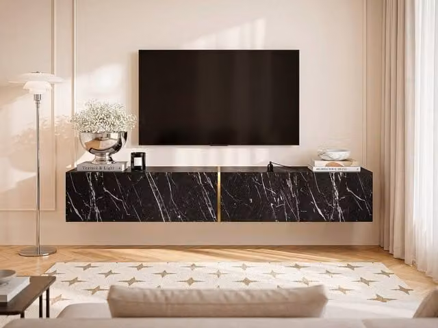 DINOMA Modern Wall-Mounted TV Stand with 2 Doors in Black Marble Effect Glossy Finish, W/D/H: 82.4 x 31.7 x 30.0 cm – 1