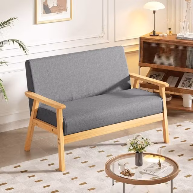 Dprodo 2 Seater Mid-Century Linen Fabric Sofa with Solid Wood Frame in Grey, W/D/H: 140 x 76 x 76 cm