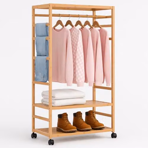 Modcraft Wooden Clothes Rail with Shelves in Natural Brown, H 155 x W 60 x D 33 cm – 2