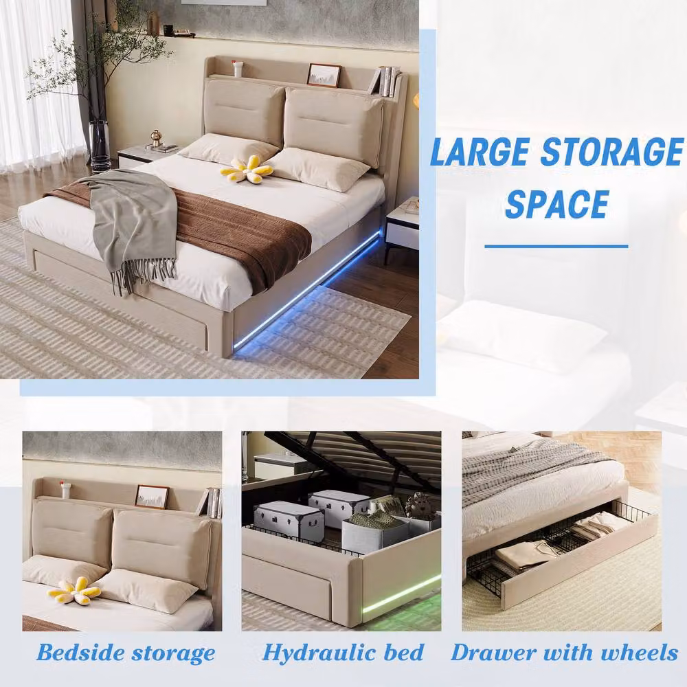 Matteo Beige Velvet Double Bed Frame with Lift Up Storage and Under Bed LED Lighting – 5