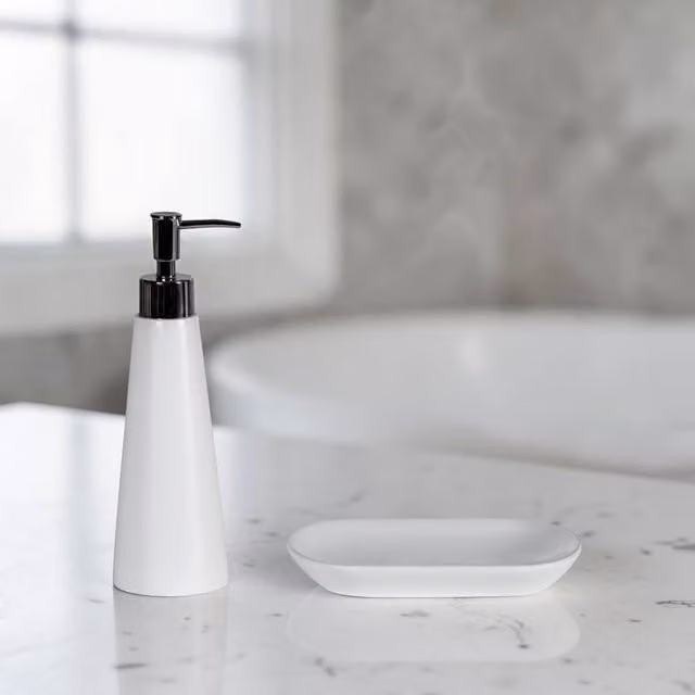 Showerdrape Alto White 2 Piece Bathroom Set with Pump Liquid Soap Dispenser and Soap Dish – 1