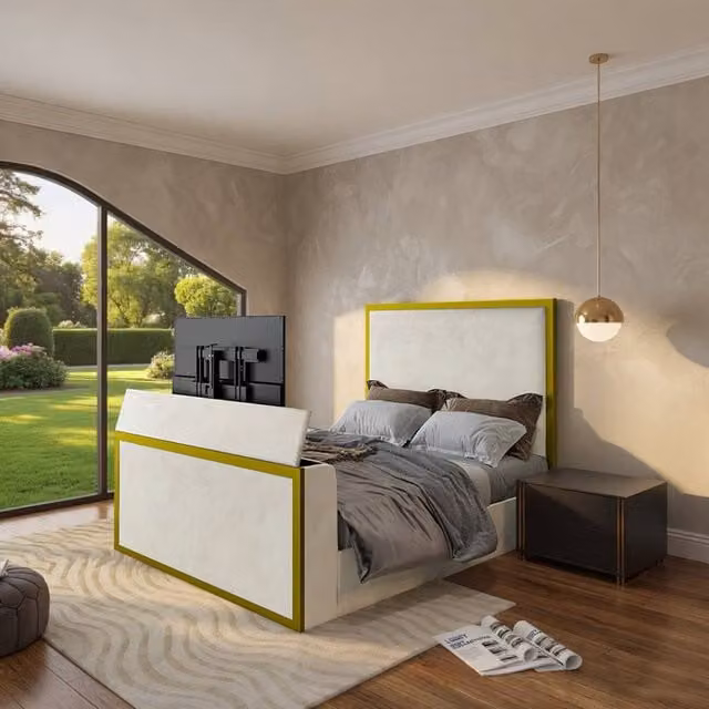 KDMD Adsborough Upholstered Electric Media TV Bed Frame in Gold and White, Super King Size