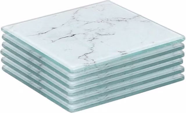Harbour Housewares Set of 6 White Marble Effect Square Glass Coasters, Diameter: 10 cm
