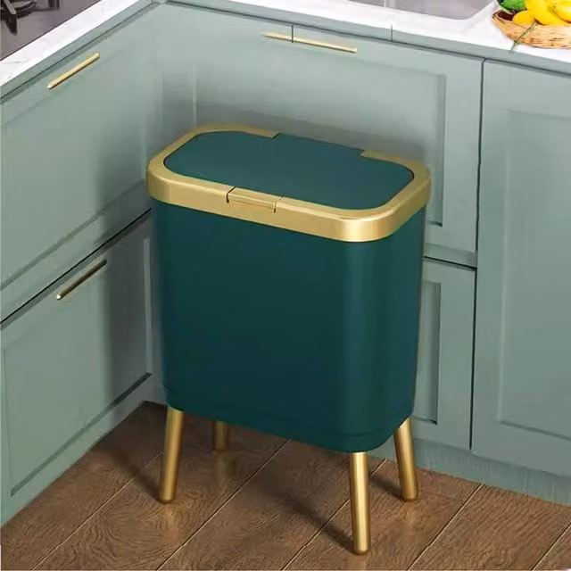 Livingandhome Touch Rubbish Bin with Lid and Hidden Bag Ring in Green and Gold
