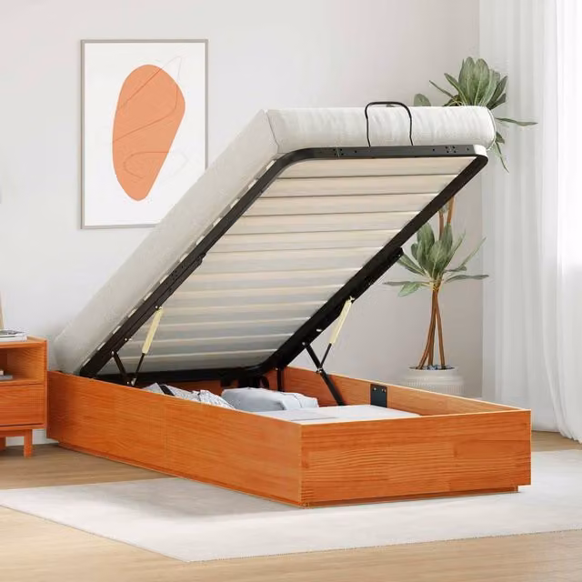 Berkfield Home Modern Solid Pine Ottoman Bed Frame with Storage, Wax Brown, W: 90 cm, L: 200 cm