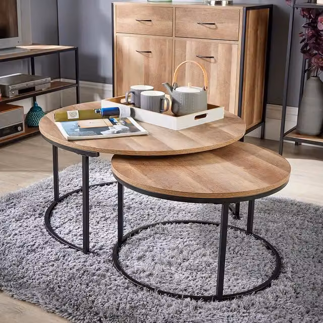 Home Source Oakmere Round Nest of 2 Tables in Oak