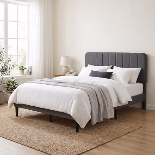 Levede Double Bed Frame with Adjustable Upholstered Velvet Headboard in Grey, W/D/H: 135 x 190 x 140 cm – 8