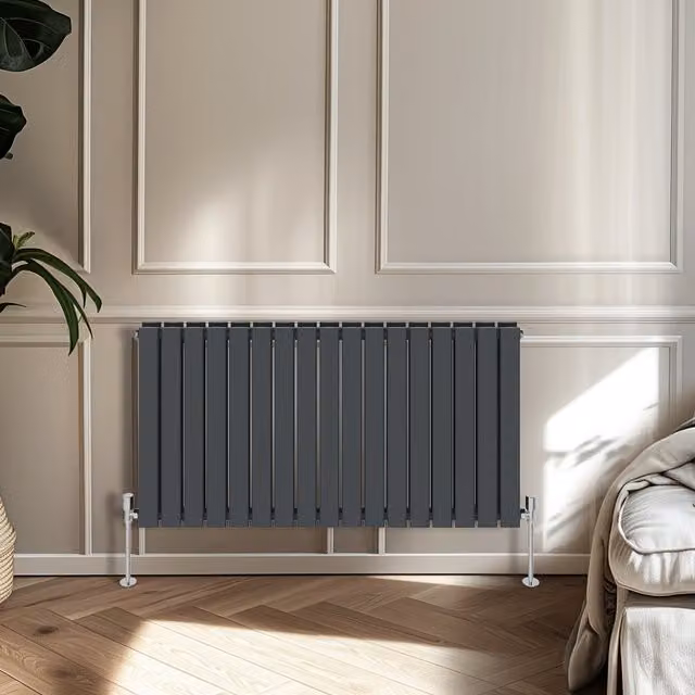 Right Radiators Double Panel Flat Panel Horizontal Radiator in Anthracite Grey, Height: 600 mm, Width: 115.6 cm
