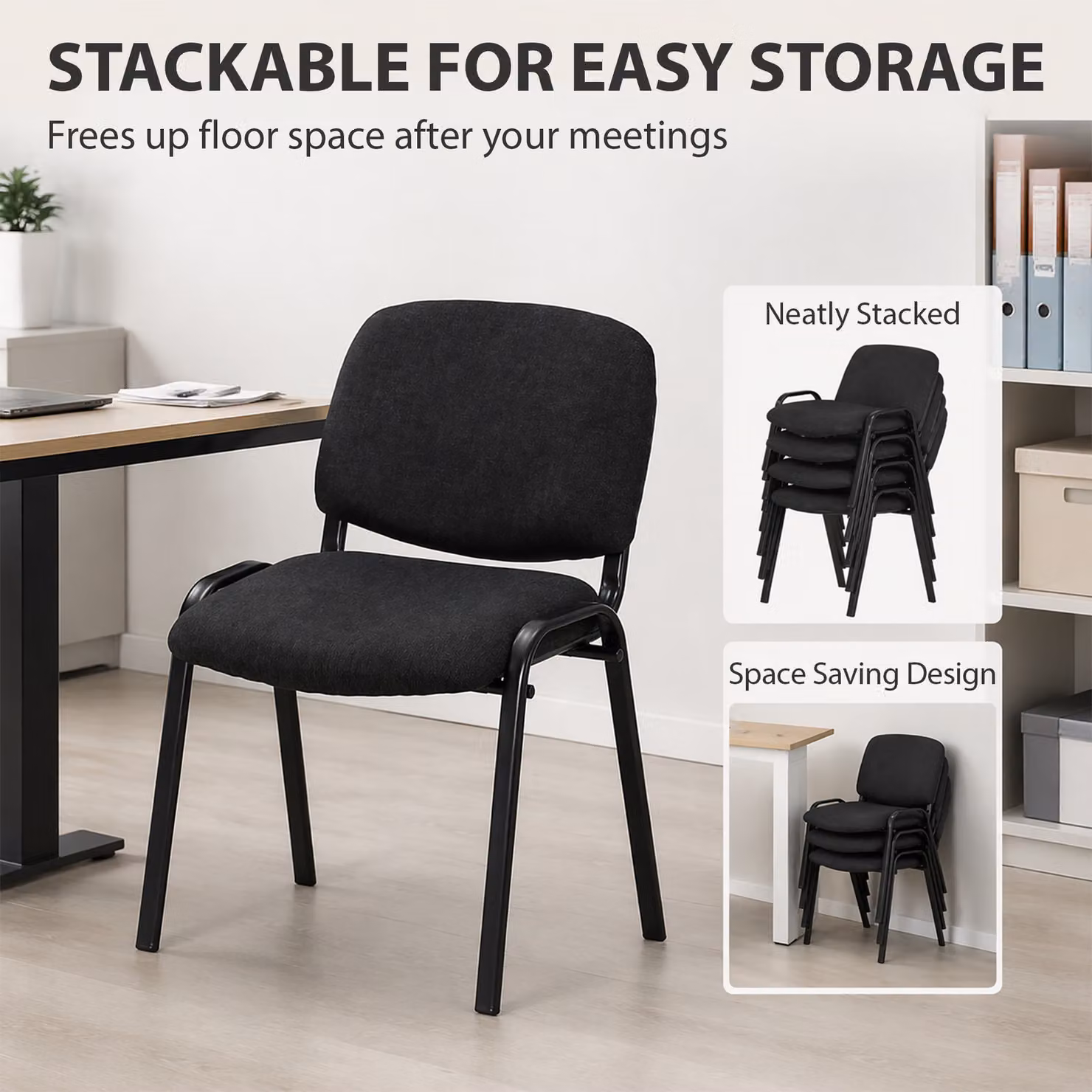 HOMCOM Stackable Ergonomic Meeting Chair with Padded Fabric Seat and Curved Backrest, Black – 5