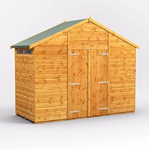 Powersheds Premium Apex Wooden Security Shed in Natural Brown with Double Doors, PVC Window Sills and 12mm Extra Thick Timber