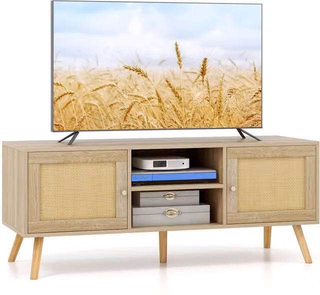 Gymax Boho TV Stand Console Table with Open Shelves in Beige for TVs up to 55 inch – 1