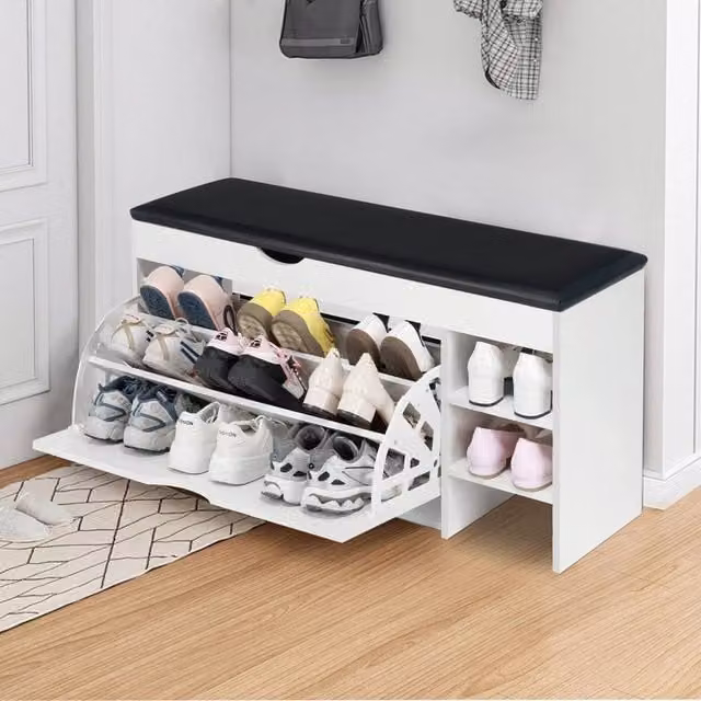 VOGREX Modern Shoe Bench with Cushioned Seat and Flip Storage Drawer Cabinet in White or Black