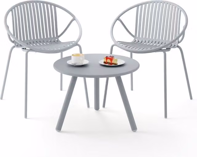 Gymax 3-Piece All Weather Bistro Patio Conversation Set with 2 Chairs in Light Grey