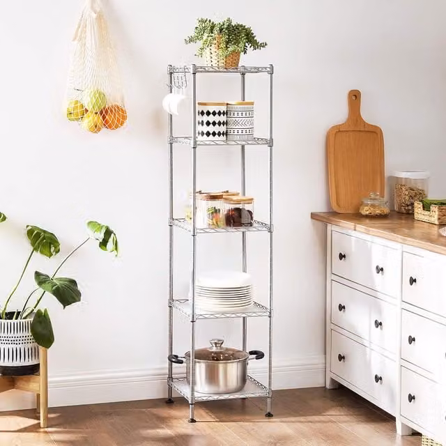 SONGMICS Metal Bathroom Storage Rack in Silver with Adjustable Shelves and Hooks – 1