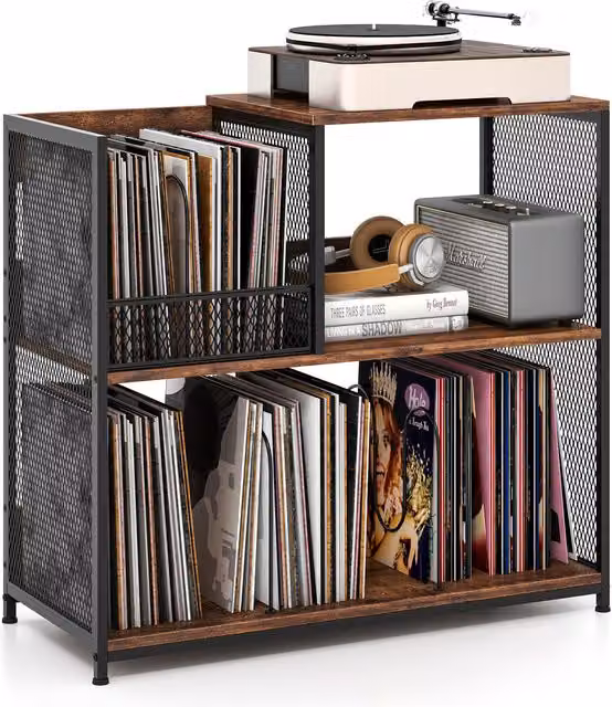 COSTWAY Modern Record Player Stand with Vinyl Storage Shelves in Brown