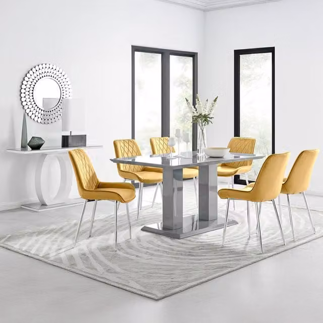 FurnitureboxUK Imperia Grey Glass Dining Table and 6 Pesaro Mustard Chairs with Silver Legs