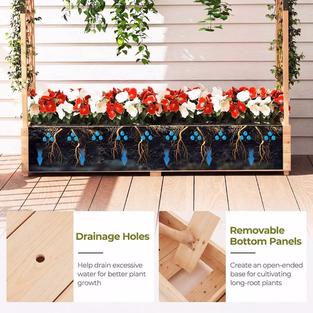 Costway Fir Wood Raised Garden Bed with Trellis in Sand/Brown, W/D/H: 182.0 x 41.0 x 174.0 cm – 3
