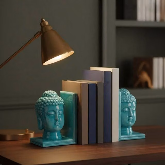 Orsina Piper Set of 2 Turquoise Ceramic Buddha Head Tabletop Bookends – 2