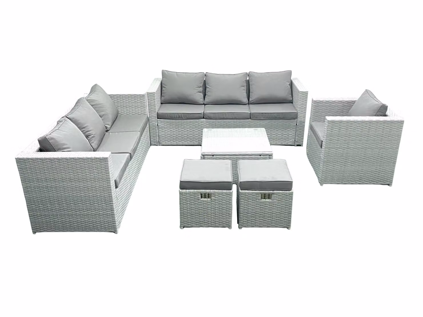 Fimous L-Shape Wicker PE Rattan Garden Furniture Set in Light Grey with 3-Seater Sofa, 2-Seater Sofa, Armchair, Coffee Table and Ottomans – 2