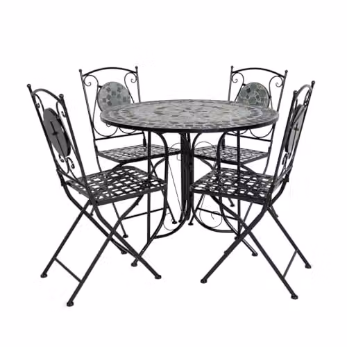 Charles Bentley Blue Mosaic 5 Piece Wrought Iron Dining Set for Garden, Balcony or Terrace, W/D/H: 90 x 90 x 72 cm – 1