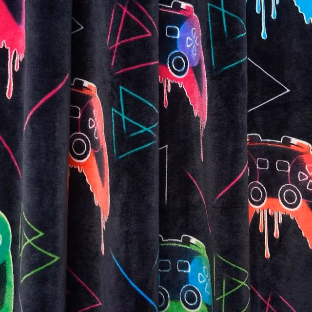 OHS Kids Gaming Print Glow In The Dark Blackout Velvet Eyelet Curtains, Multicolour