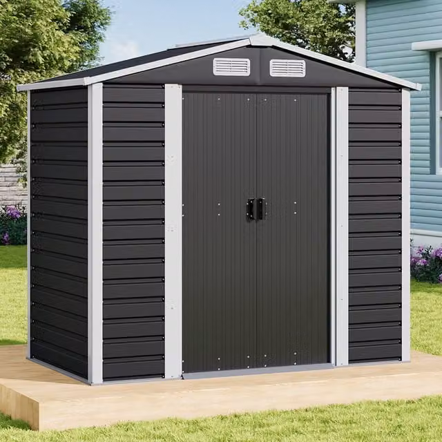 Lifeideas Apex Metal Garden Shed with Sliding Doors and Side Vent, Charcoal Black