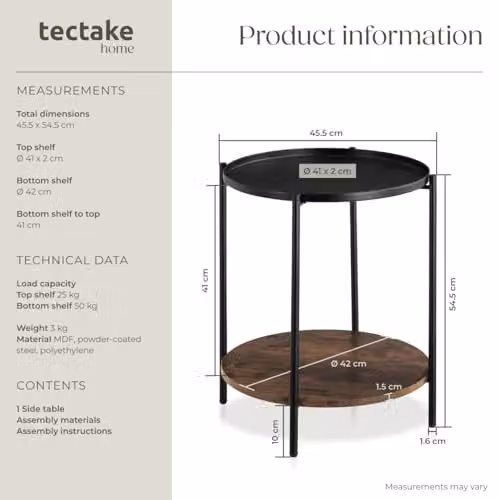 tectake Round Side Table with 2 Shelves and Metal Frame in Black and Brown, Ø 45.5 x H 54.5 cm – 3
