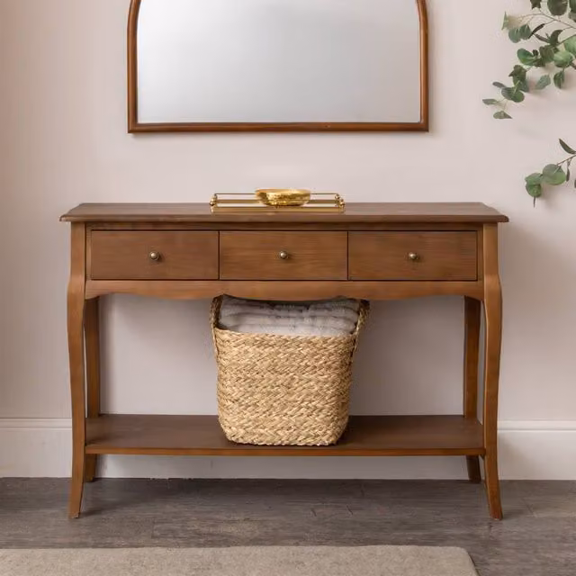 Melody Maison Ashwell Range 3 Drawer Console Table with Shelf in Brown Dark Wood – 1