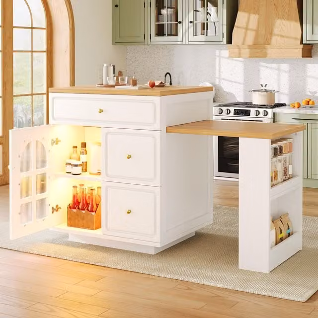 Aosom UK Extendable Kitchen Island with LED Colour Lighting, White Dining Bar with 4 Drawers and Open Shelf, L 195.5 x W 70 x H 93.5 cm – 1