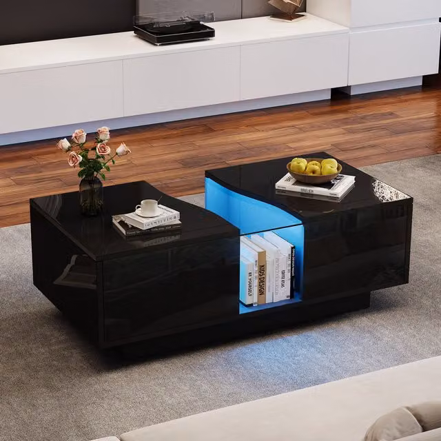 Aosom UK Modern High Gloss Coffee Table with 2 Storage Drawers and Customisable LED Lights, Black, W: 100 cm, D: 50 cm, H: 35 cm – 1